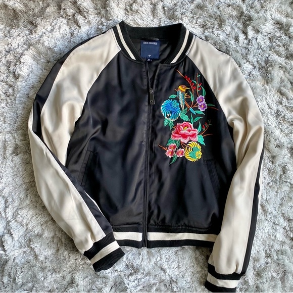 True Religion NWT Black Satin Embroidered Flower Bomber Jacket Size Small - Picture 3 of 9